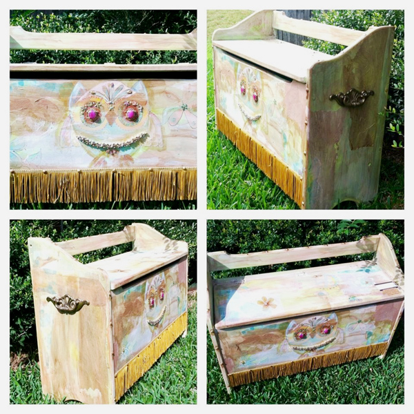 Bench toy chest painted with owls and embellished with jewels