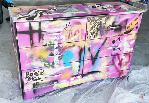 Girls dresser hand painted with a graffiti styled design