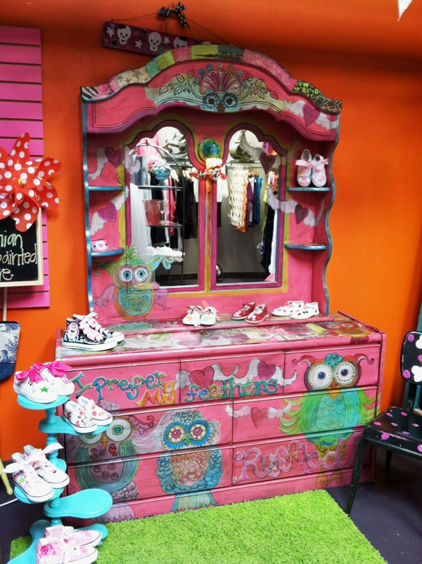 Beautiful hot pink dresser with hutch painted in a whimsical style of owls and funny sayings