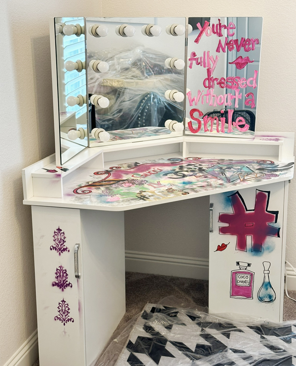 Hand painted girls vanity with a graffiti styled design
