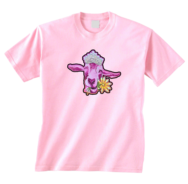 Pink tee shirt with pink goat princess heat pressed from DTF transfer