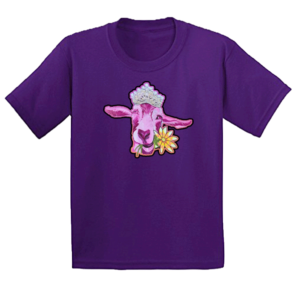 purple t shirt with dtf transfer of pink goat princess heat pressed on it