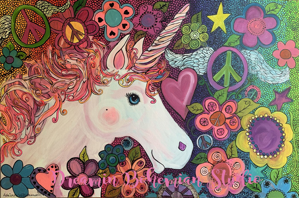 unicorn floral acrylic painting on canvas 36x24 inches