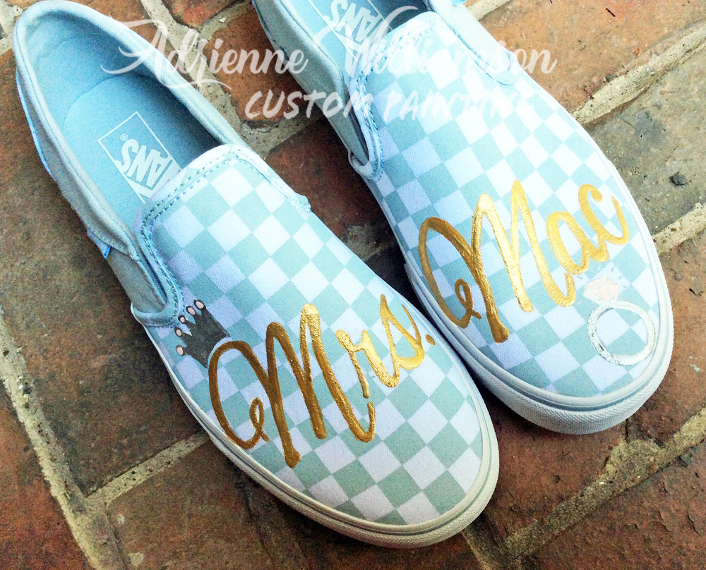 light blue and white checked vans shoes with painted gold personalization