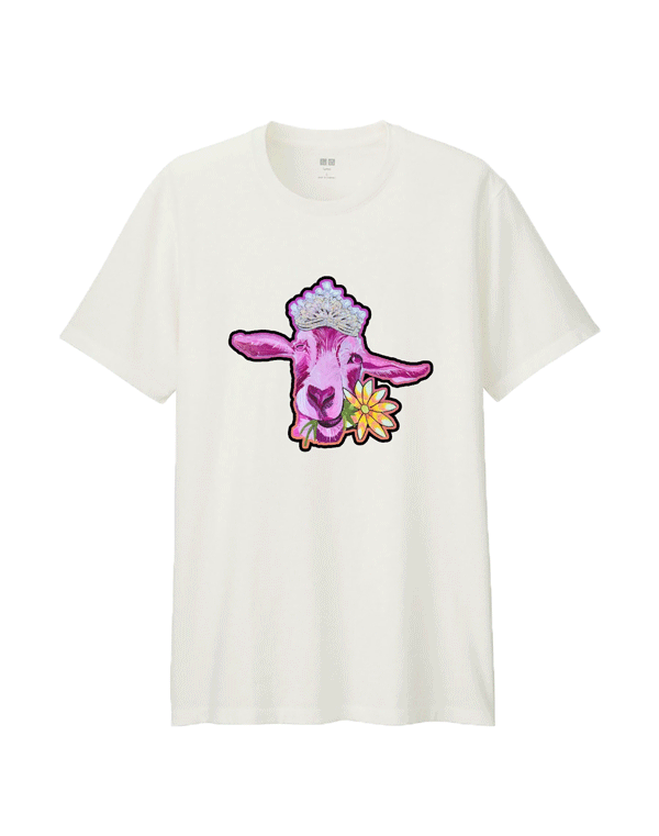 White T shirt with a DTF Pink Goat Princess heatpressed on it